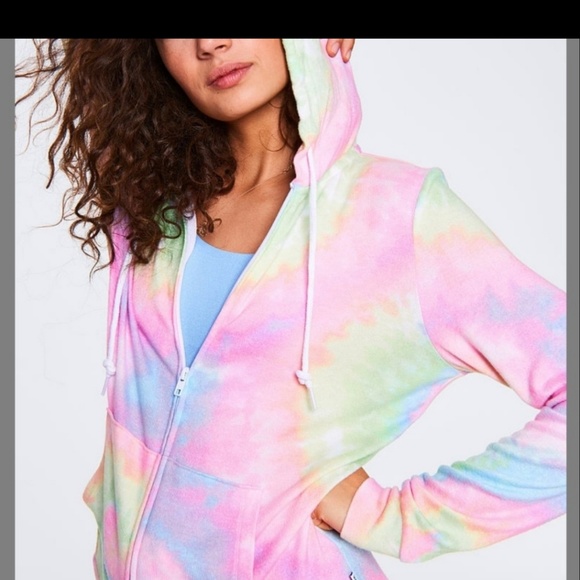 PINK Victoria's Secret Tops - VS PINK COZY FULL ZIP HOODIE RAINBOW TIE DYE NEW M